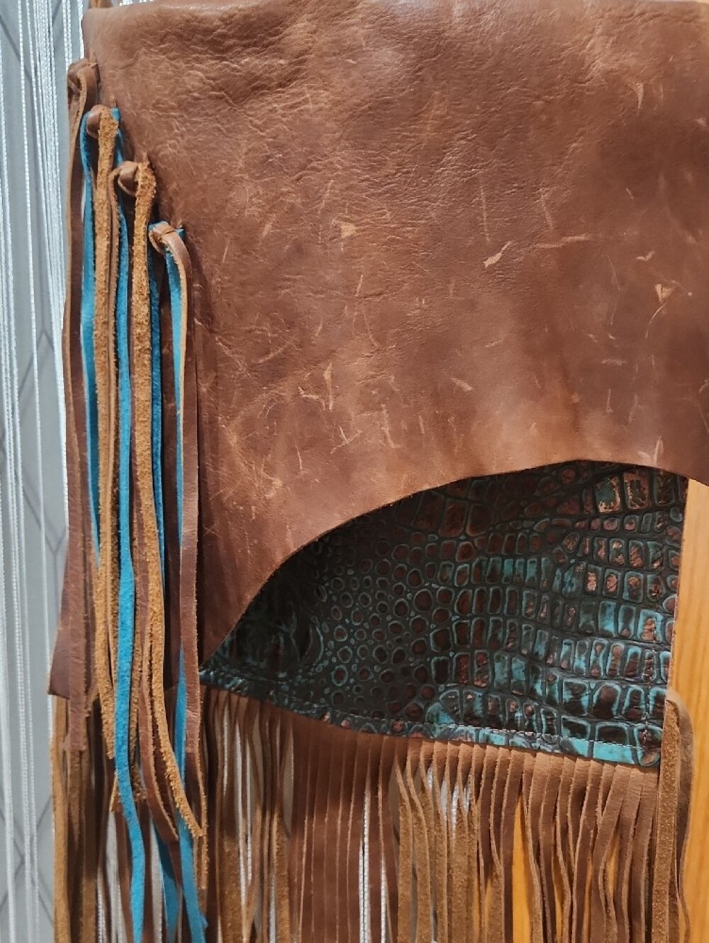 Brown Leather Fringe Crossbody Bag with Teal Croc Accent - Picture 2 of 11